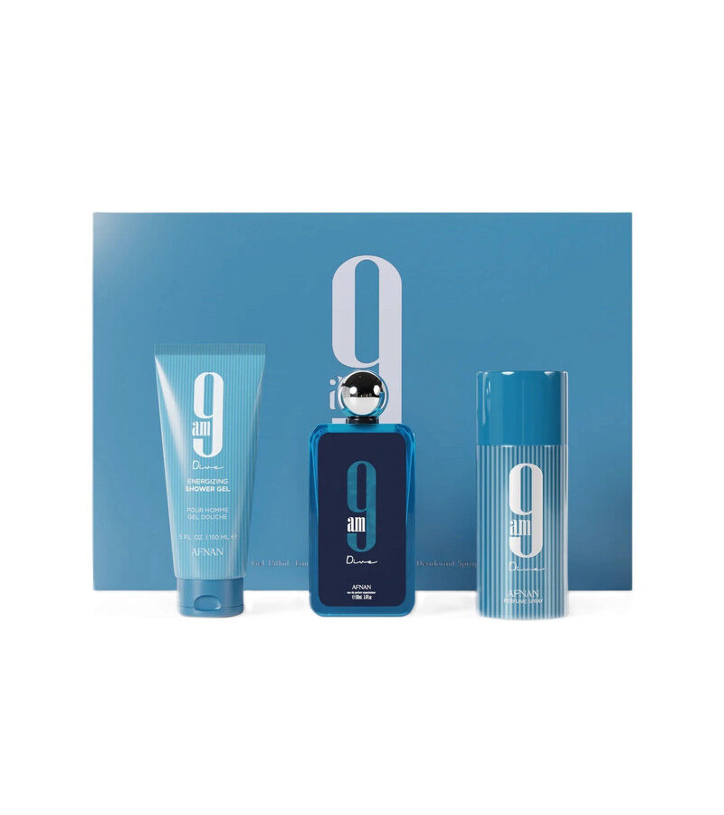 Set Afnan 9AM Dive Eau De Parfum, 100 ml Shower Gel, 150 ml Deodorant Sprej, 150 ml